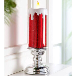 Illuminated Glitter Pedestal Candle 13in Holiday Red by Valerie Parr Hill New